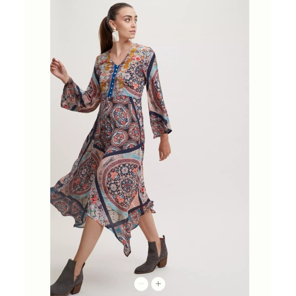Anthropologie Feathers by Tolani Boho Patchwork‎ Floral Handkerchief Hem Dress